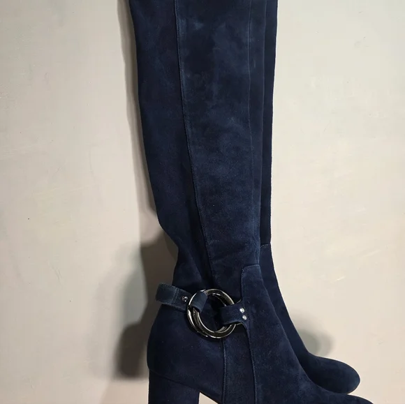 Karl Lagerfeld Navy Suede  Stretch Knee Boots 7.5M Block Heel - Picture 8 of 15